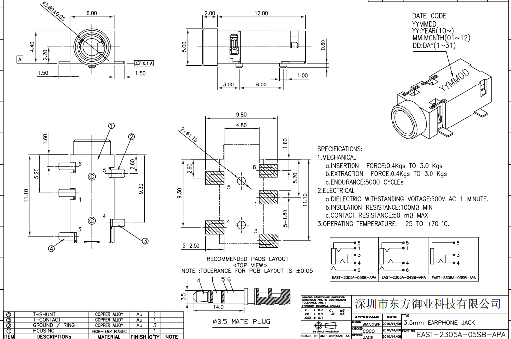 EAST-2305A-05SB-APA PHONE JACK H4.0 SMT有頭