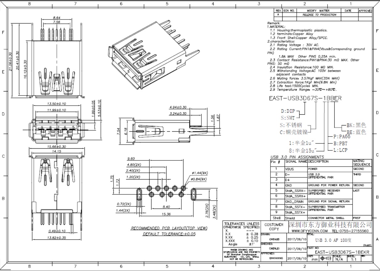 EAST-USB3D67S-1BEKR USB 3.0 AF 直腳180度 DIP型