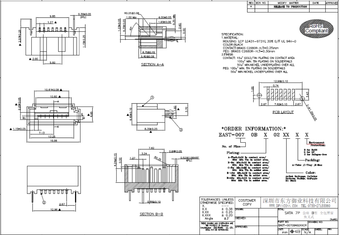 EAST-0070BA02XXCR SATA 7P B型全包開窗直立式180度SMT