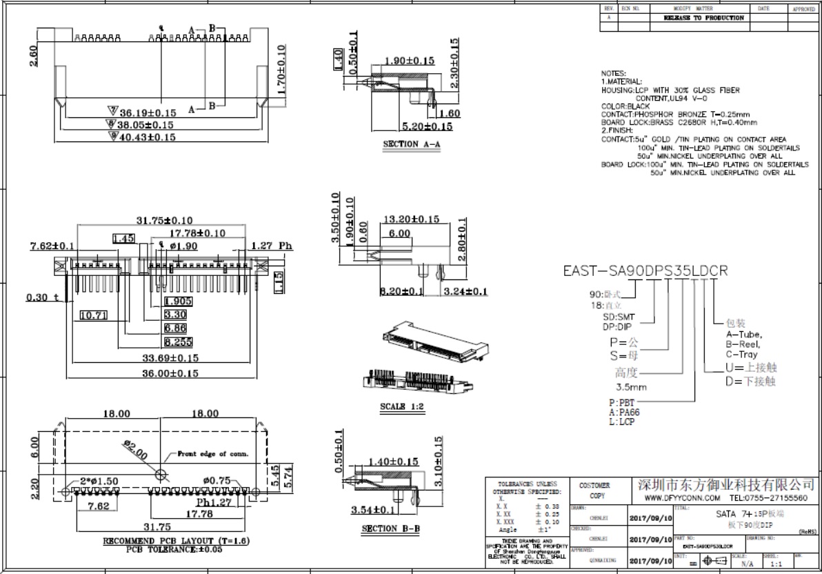 EAST-SA90DPS35LDCR SATA 7+15P母座下接觸塑高H3.5 DIP