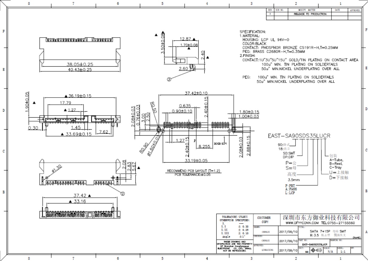 EAST-SA90SDS35LUCR SATA 7+15P母座上接觸塑高H3.5 SMT魚叉?zhèn)炔?  width=