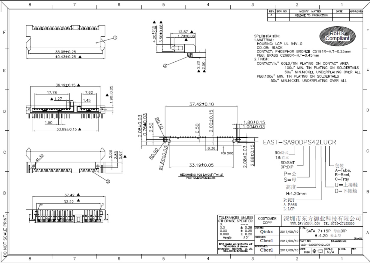 EAST-SA90DPS42LUCR SATA 7+15P母座上接觸塑高H4.2 DIP魚叉?zhèn)炔?  width=