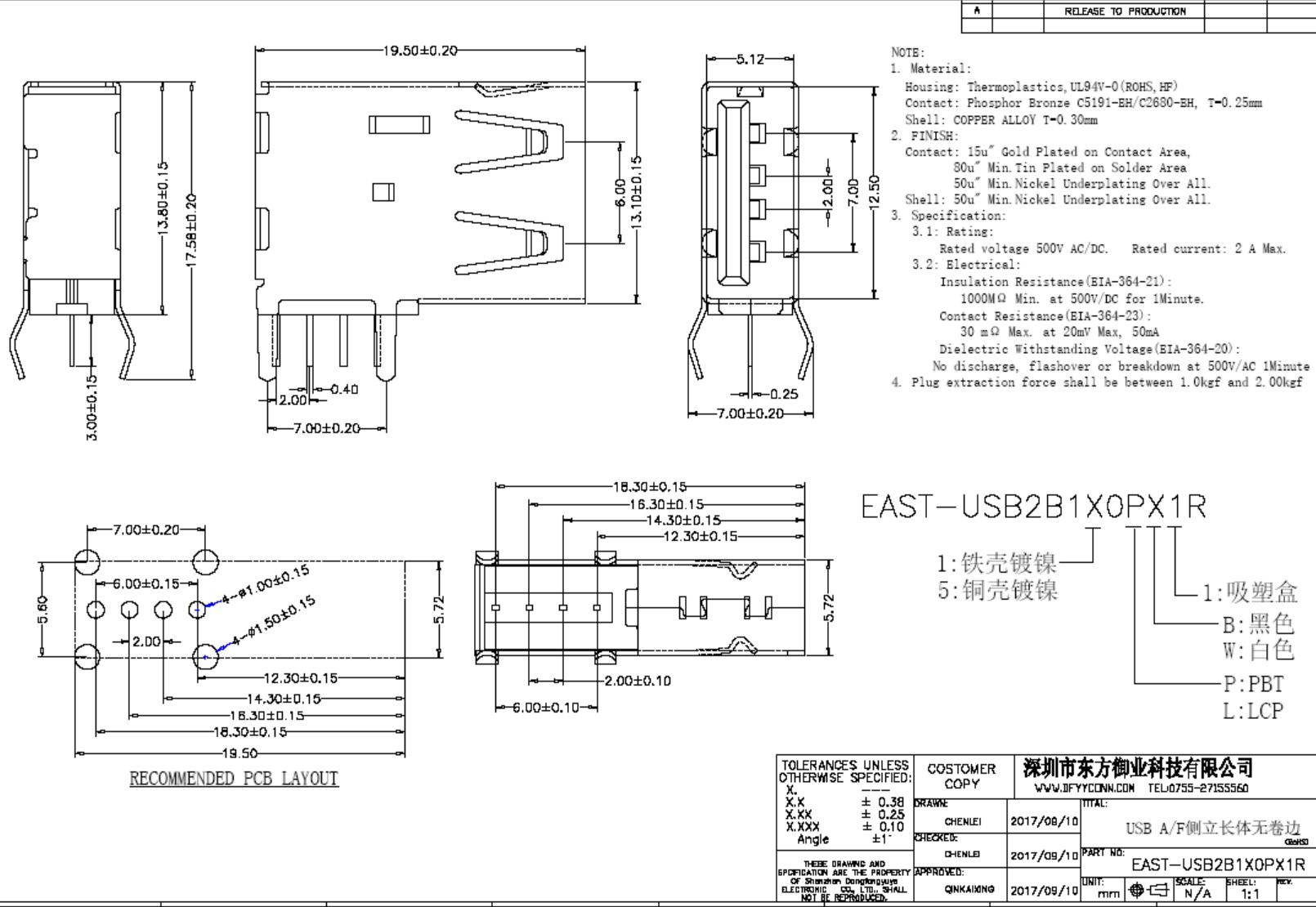 EAST-USB2B1X0PX1R USB 2.0 AF側(cè)插長體無卷邊彎腳